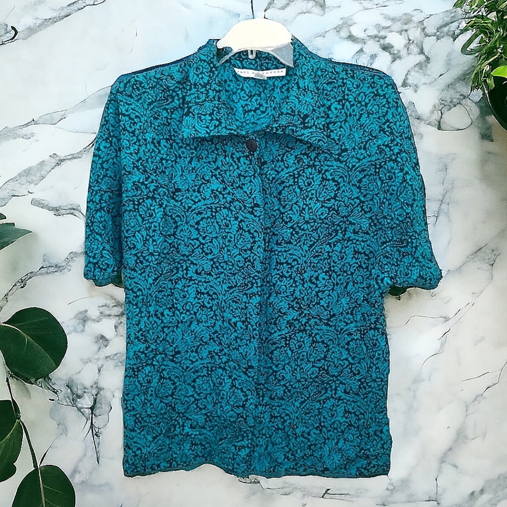 Paul Alexander 100% Silk Blue Jacquard Button Down Short Sleeve Blouse Size 10